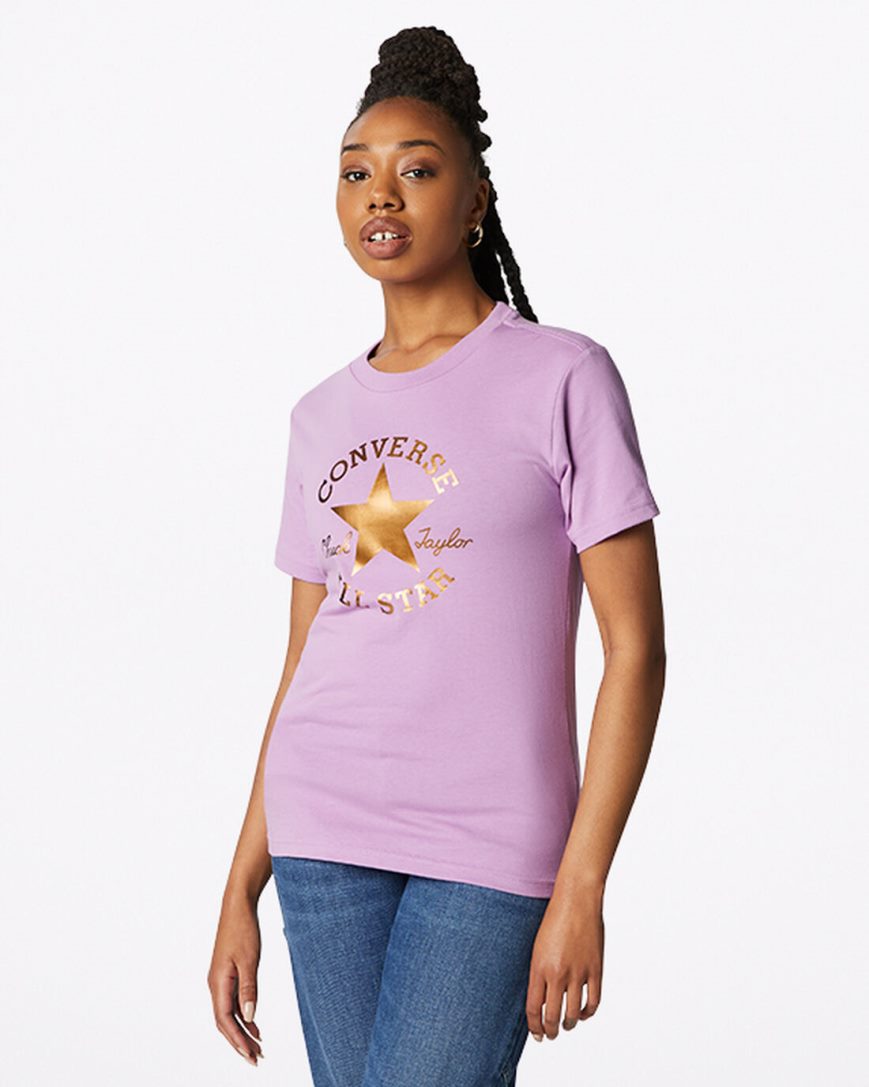 Women\'s Converse Metallic Chuck Taylor Patch Classic Fit T-Shirts Purple | AU 90381D